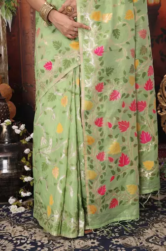 green color weaven flower linen cotton saree