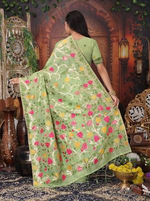 green color weaven flower linen cotton saree 4