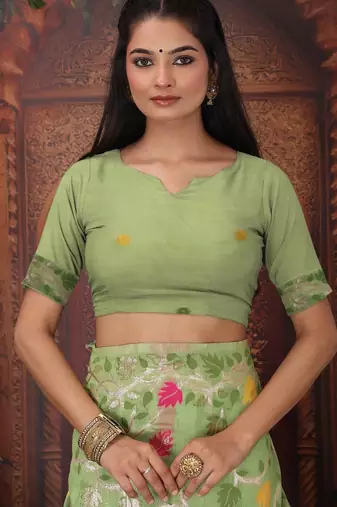 green color weaven flower linen cotton saree