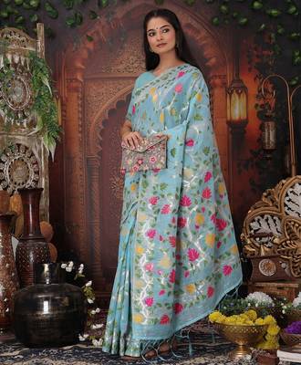 sky blue color weaven flower linen cotton saree 1
