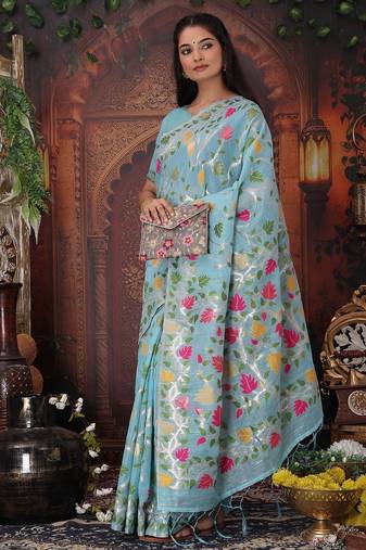 sky blue color weaven flower linen cotton saree