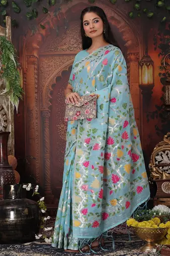 sky blue color weaven flower linen cotton saree