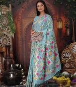 sky blue color weaven flower linen cotton saree