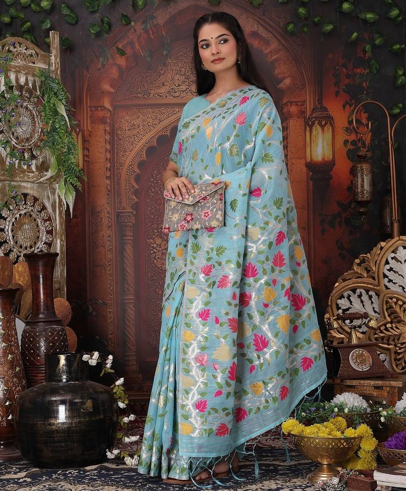sky blue color weaven flower linen cotton saree
