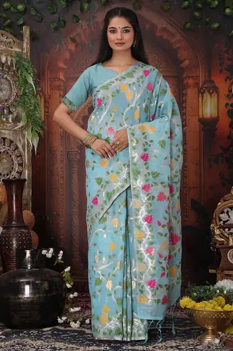sky blue color weaven flower linen cotton saree