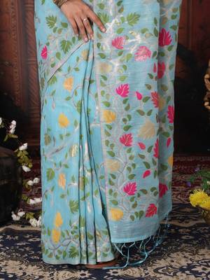 sky blue color weaven flower linen cotton saree 3