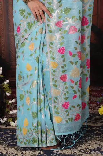sky blue color weaven flower linen cotton saree