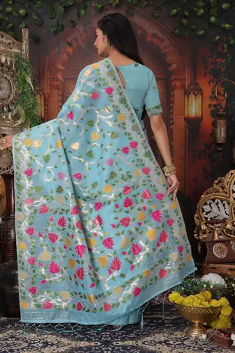 sky blue color weaven flower linen cotton saree