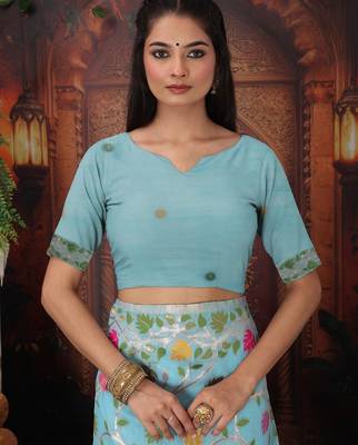 sky blue color weaven flower linen cotton saree 5