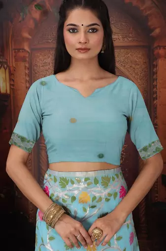 sky blue color weaven flower linen cotton saree