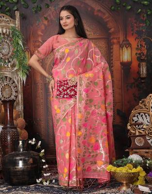 pink color weaven flower linen cotton saree 1