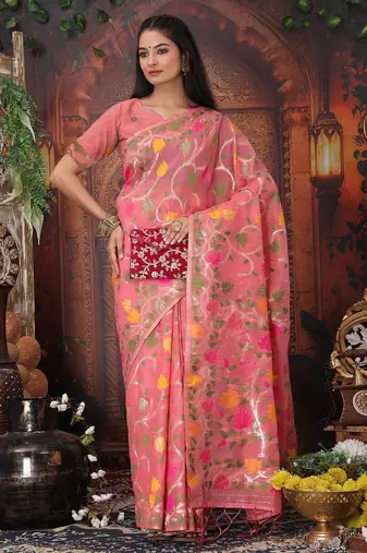 pink color weaven flower linen cotton saree