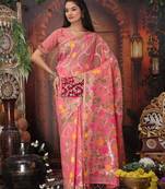 pink color weaven flower linen cotton saree