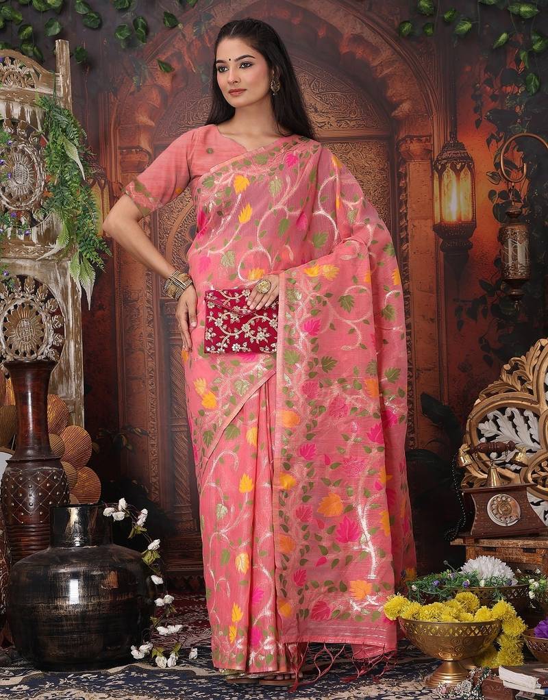pink color weaven flower linen cotton saree
