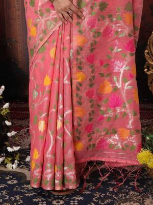 pink color weaven flower linen cotton saree 3