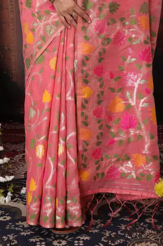 pink color weaven flower linen cotton saree