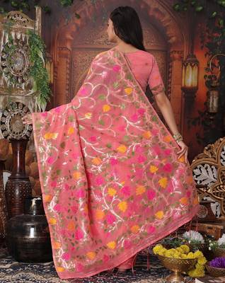 pink color weaven flower linen cotton saree 4