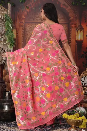pink color weaven flower linen cotton saree
