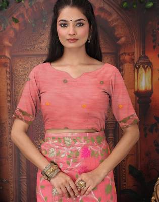 pink color weaven flower linen cotton saree 5