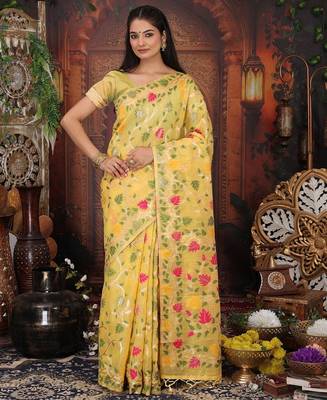 Yellow color weaven flower linen cotton saree 1