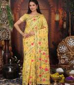 Yellow color weaven flower linen cotton saree