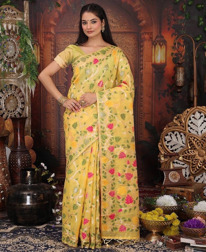 Yellow color weaven flower linen cotton saree