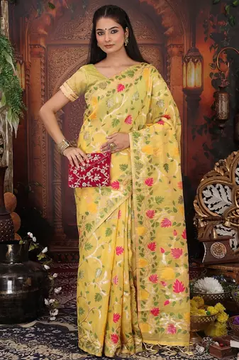 Yellow color weaven flower linen cotton saree