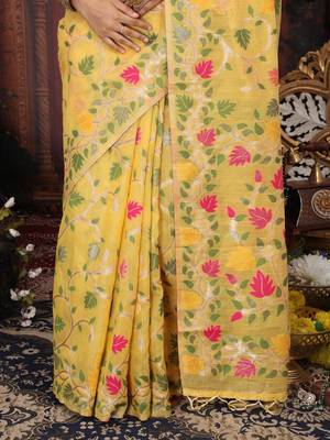 Yellow color weaven flower linen cotton saree 3