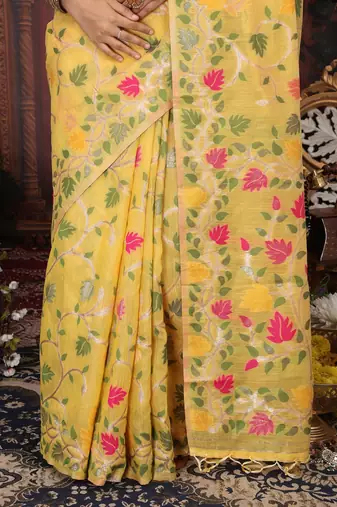 Yellow color weaven flower linen cotton saree
