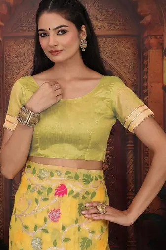 Yellow color weaven flower linen cotton saree