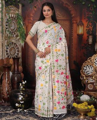yellow color weaven flower linen cotton saree 1
