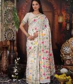 yellow color weaven flower linen cotton saree