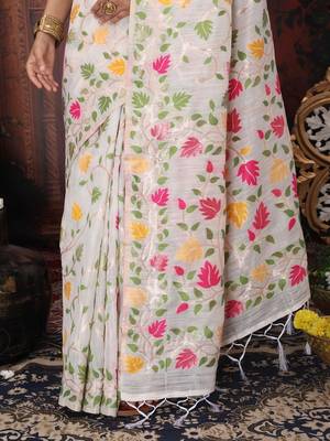yellow color weaven flower linen cotton saree 2