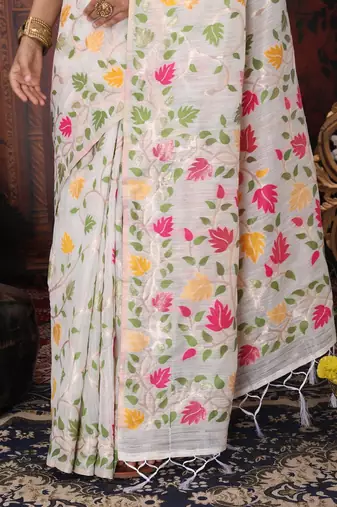 yellow color weaven flower linen cotton saree