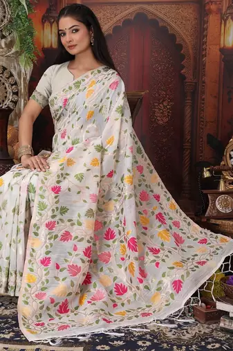 yellow color weaven flower linen cotton saree