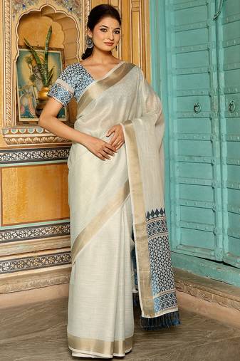 sky blue color woven border & pallu linen saree