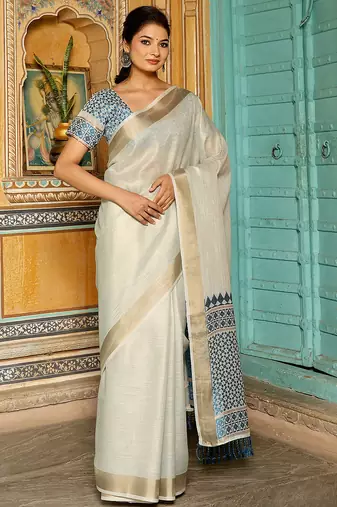 sky blue color woven border & pallu linen saree