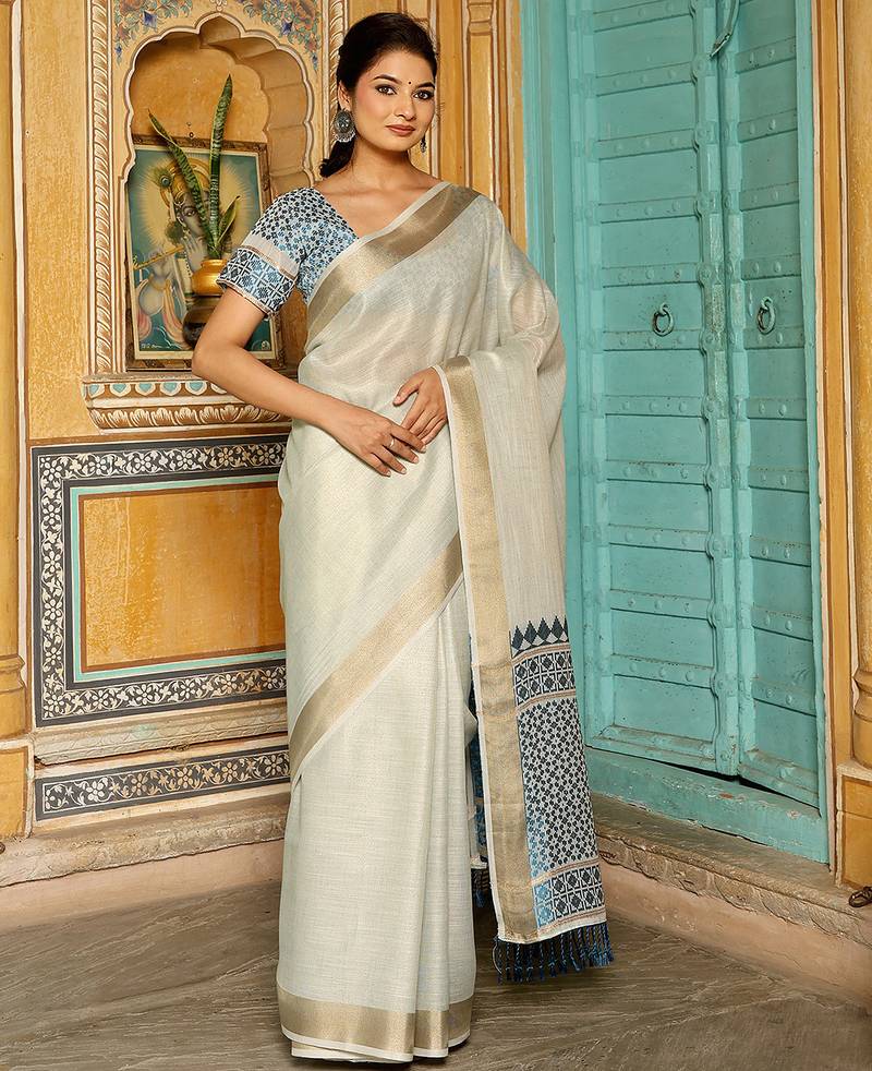 sky blue color woven border & pallu linen saree