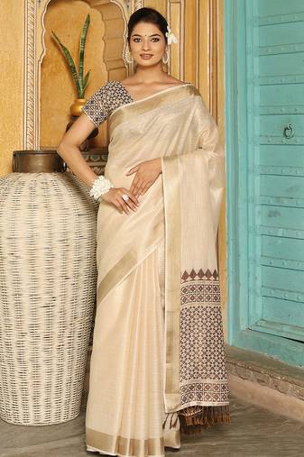 brown color woven border & pallu linen saree