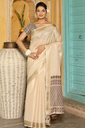 brown color woven border & pallu linen saree