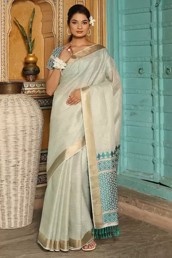 Off White color woven border & pallu linen saree