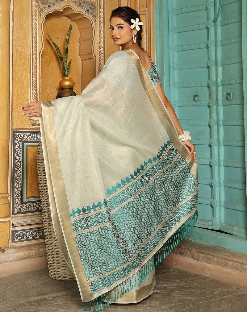 Off White color woven border & pallu linen saree