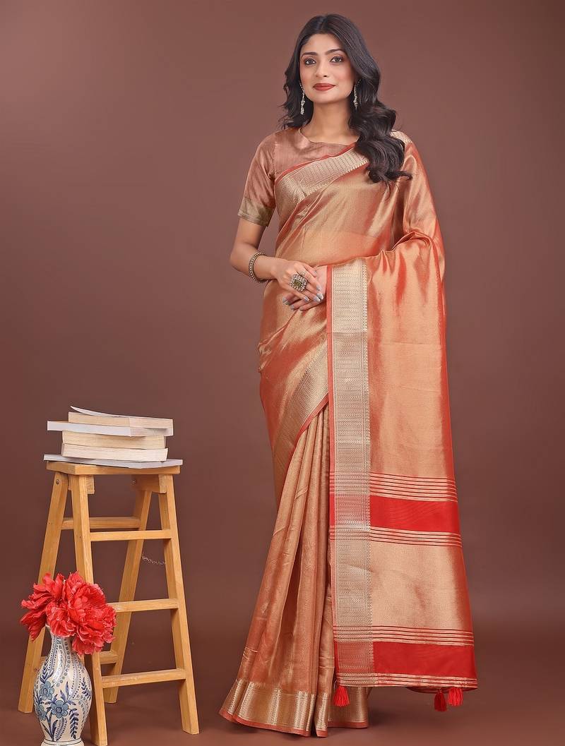 orange color zari border orgenza saree with blouse
