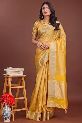 yellow color zari border orgenza saree with blouse