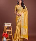 yellow color zari border orgenza saree with blouse