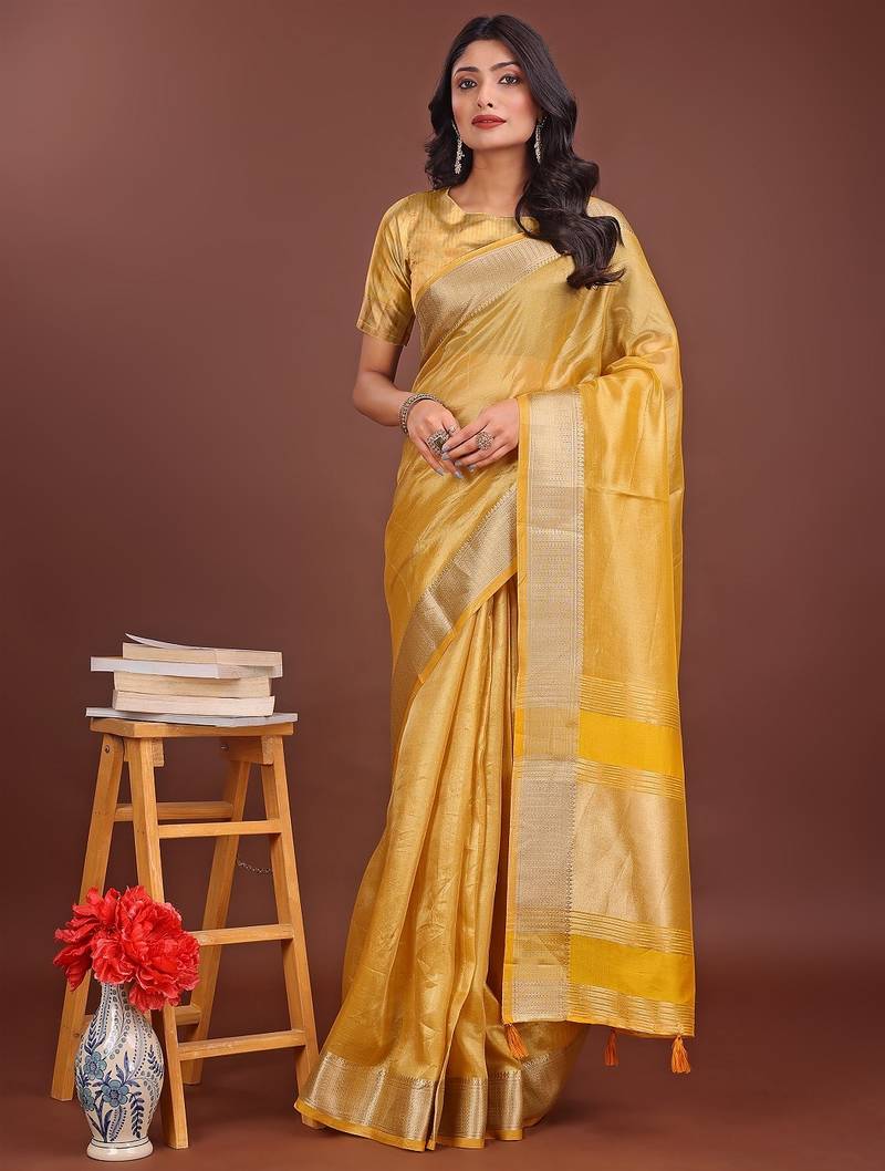 yellow color zari border orgenza saree with blouse