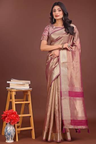 light pink color zari border orgenza saree with blouse