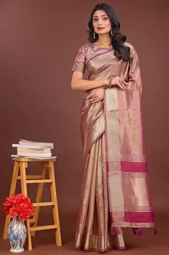 light pink color zari border orgenza saree with blouse