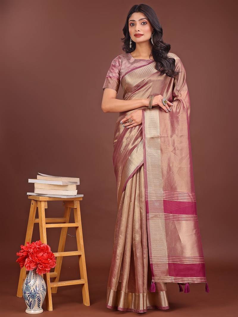 light pink color zari border orgenza saree with blouse