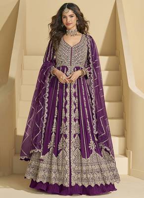 Wine embroidery codding sequence work with chinon silk anarkali suit 1